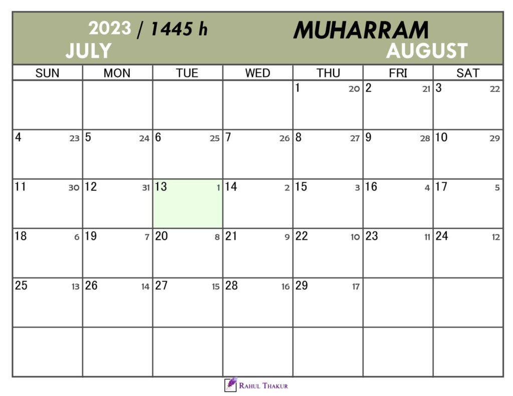 Hijri Calendar for Muharram 1445
