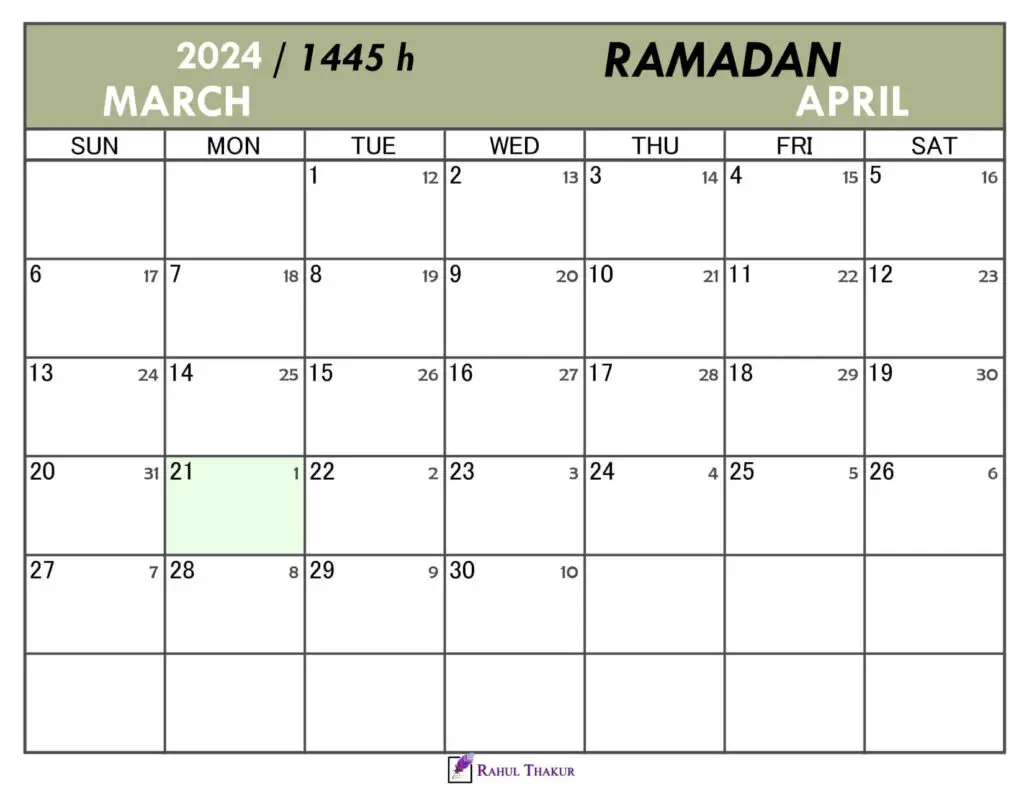 Hijri Calendar for Ramadan 1445