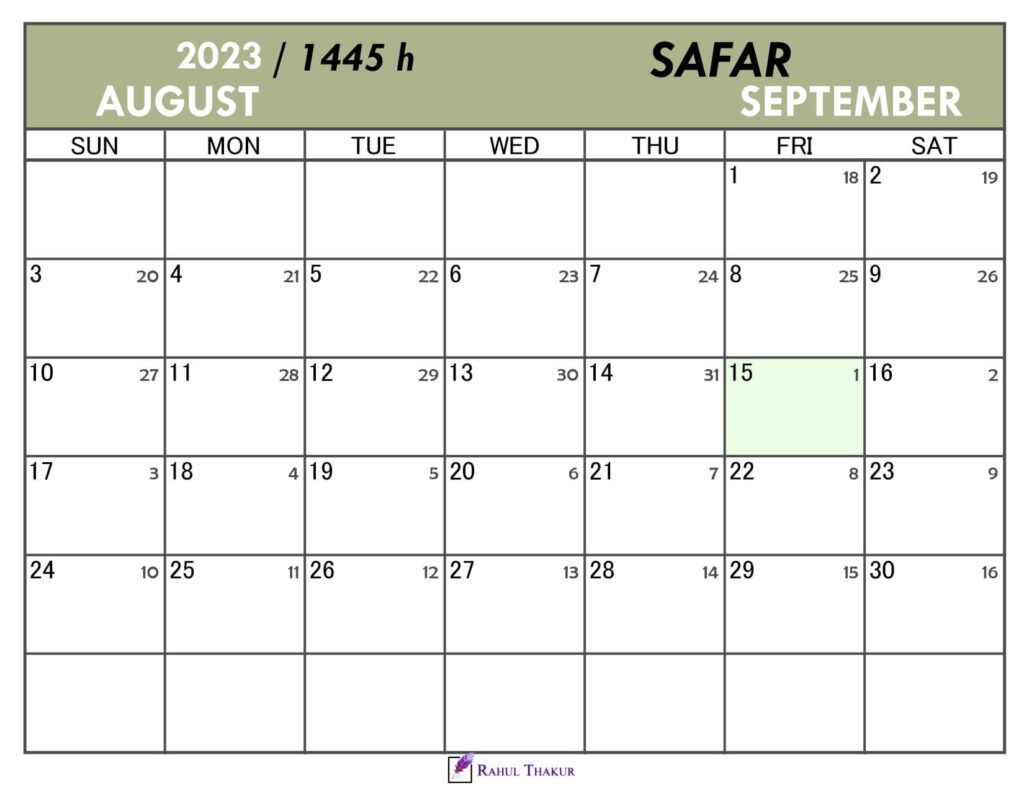 Hijri Calendar for Safar 1445