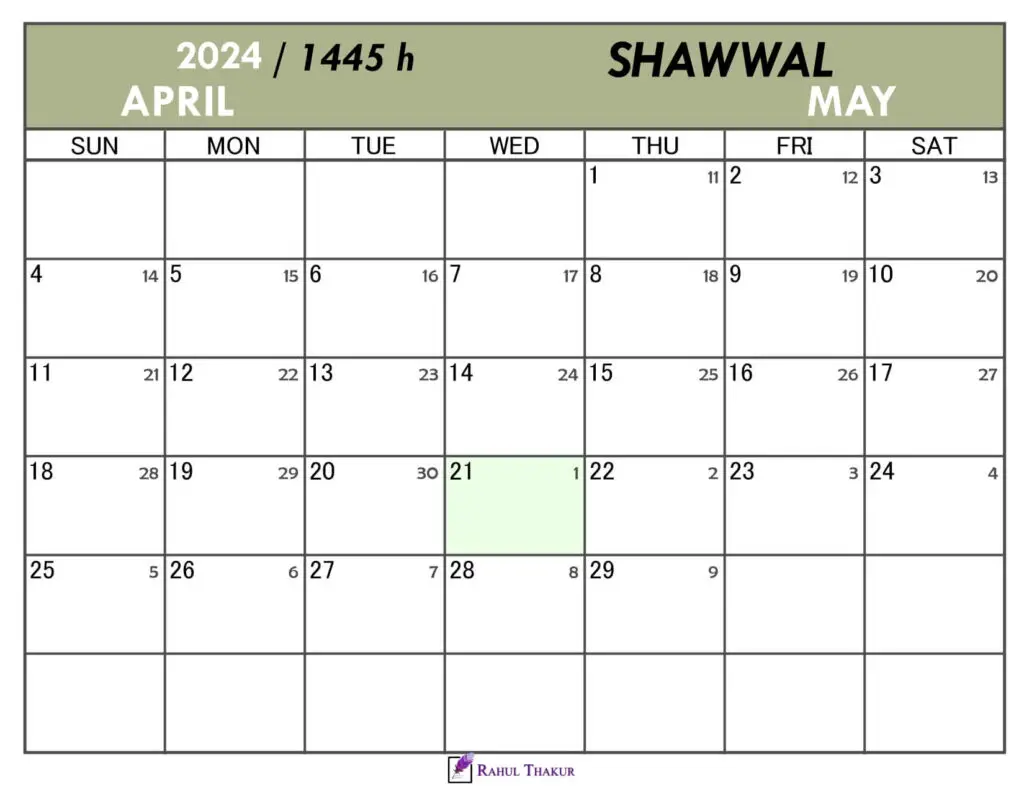 Hijri Calendar for Shawwal 1445