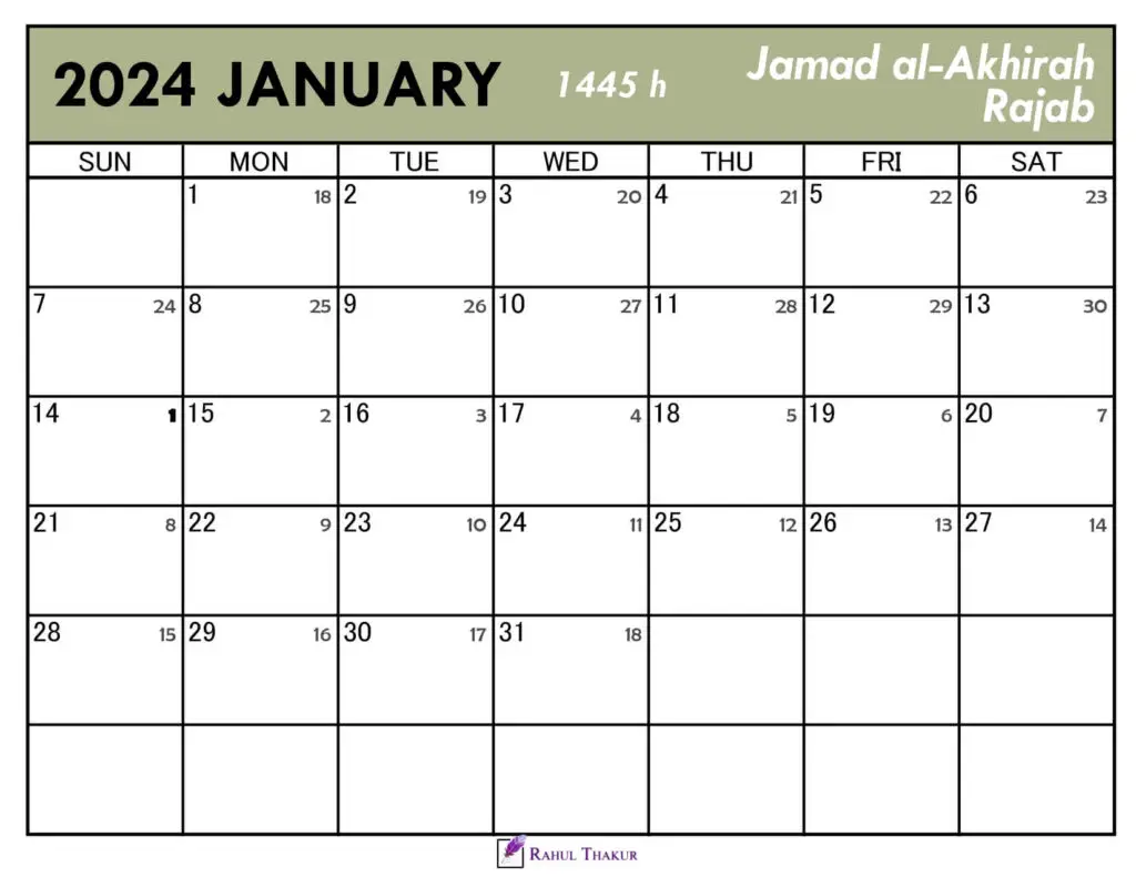 January 2024 Calendar with Hijri Dates Thakur Writes