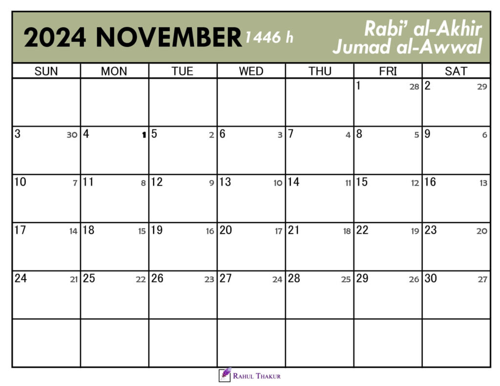 November 2024 Calendar with Hijri Dates Thakur Writes