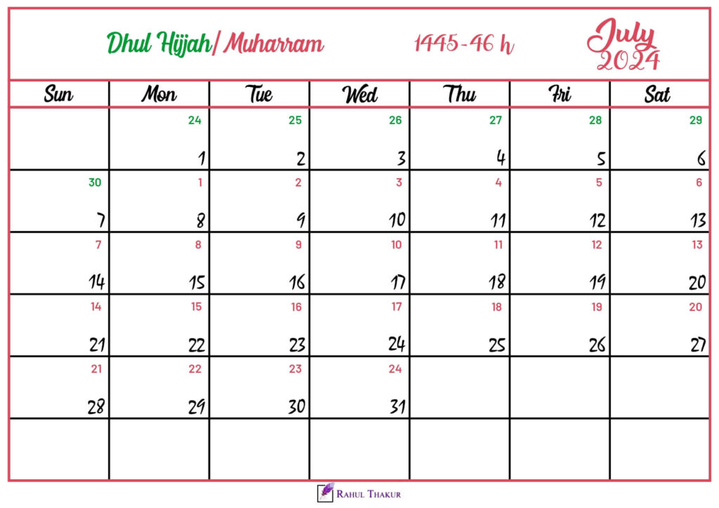 Islamic Hijri Calendar for August 2024