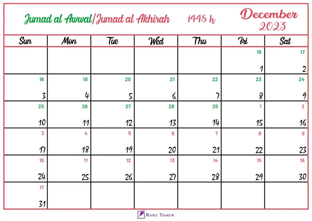 Islamic Hijri Calendar for December 2023