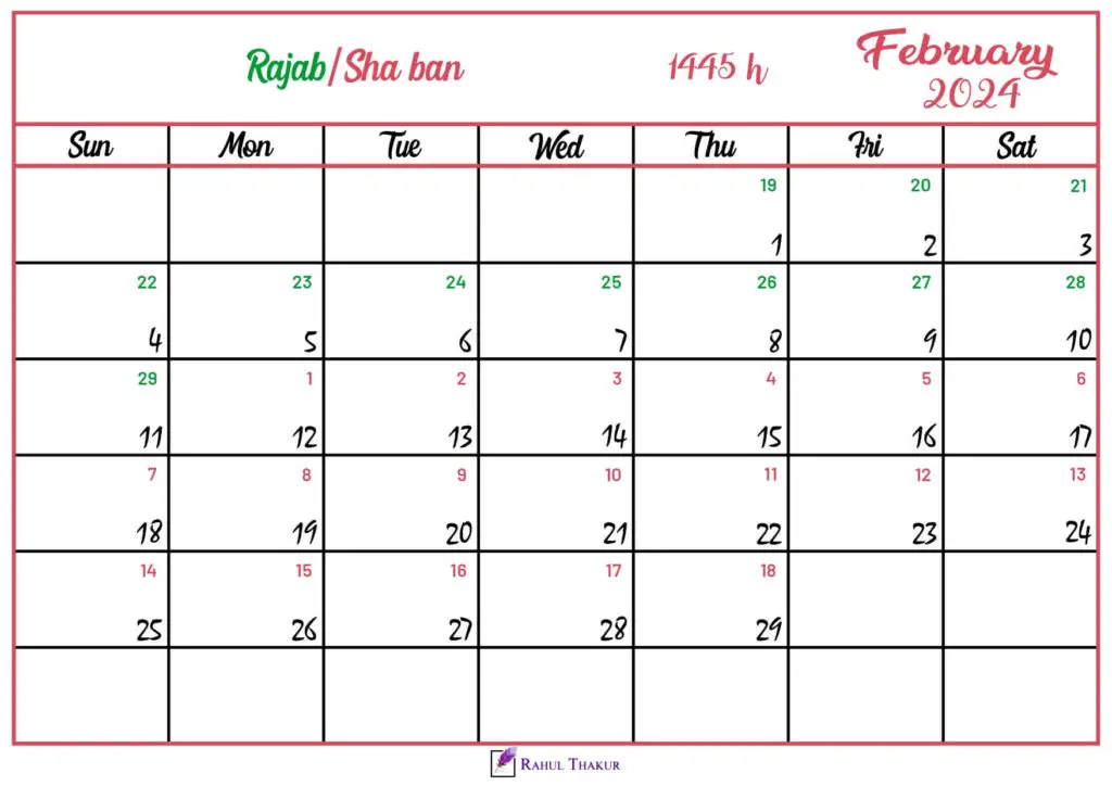 Islamic Hijri Calendar for February 2024
