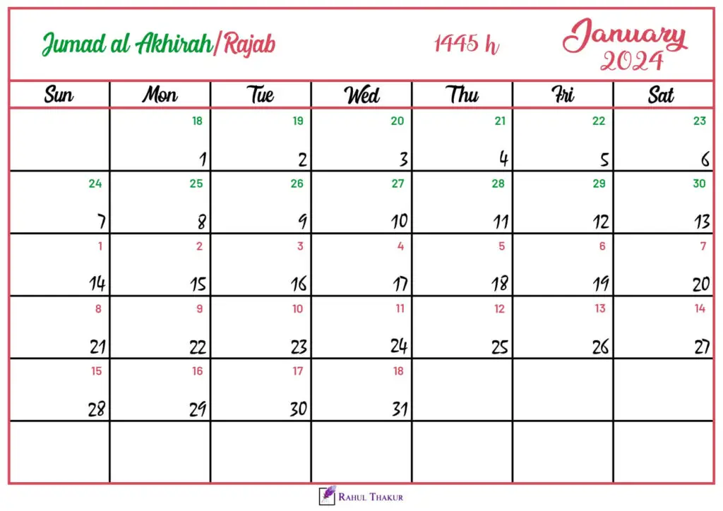 Islamic Hijri Calendar for January 2024