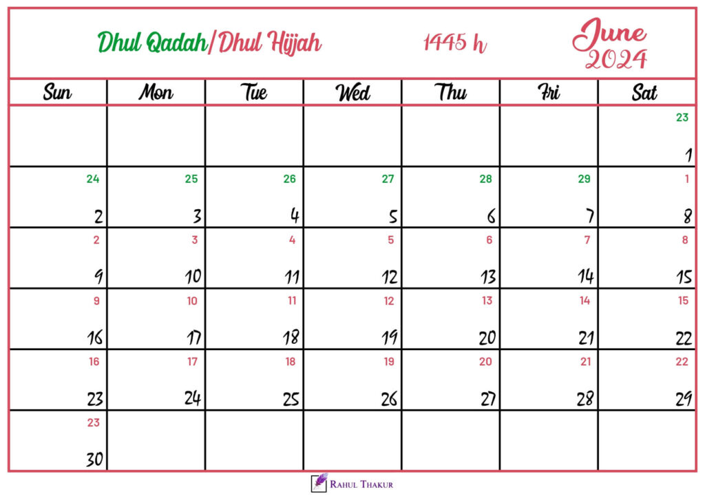 June 2024 Calendar with Hijri Dates Thakur Writes