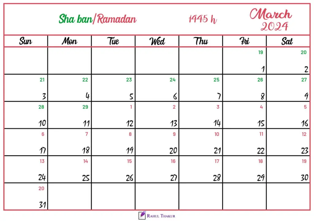 March 2024 Calendar with Hijri Dates Thakur Writes
