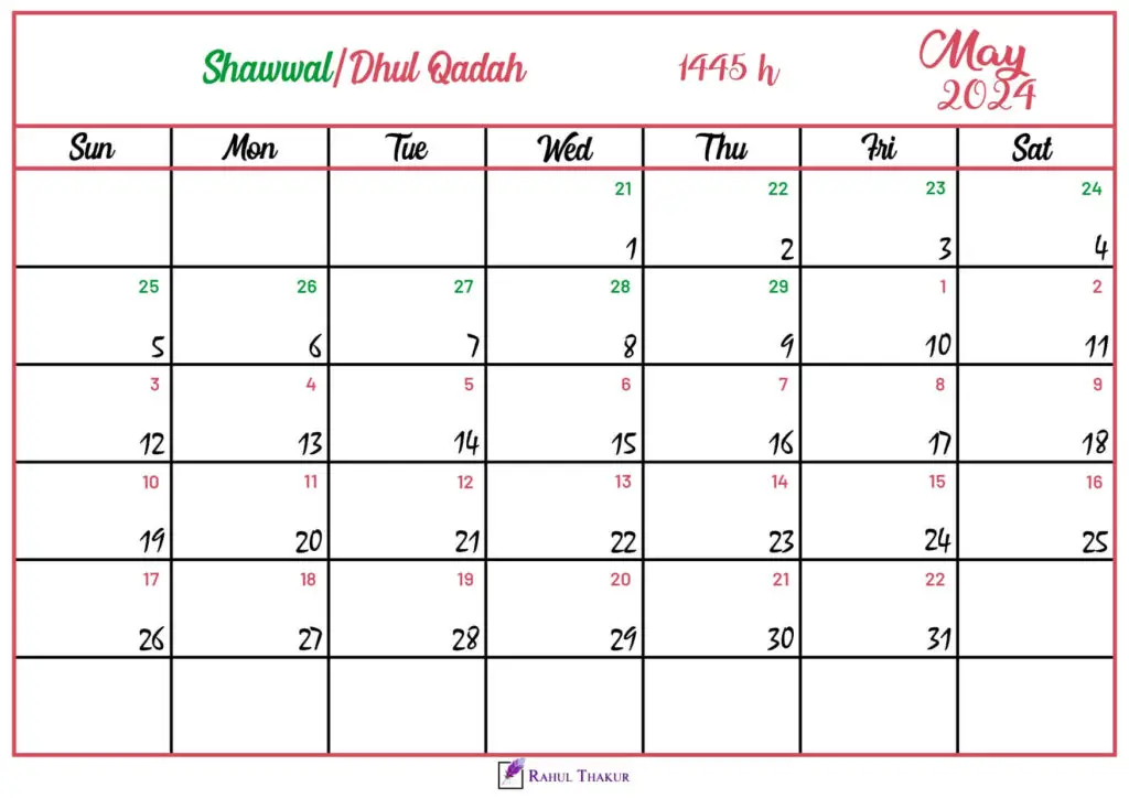 Islamic Hijri Calendar for May 2024