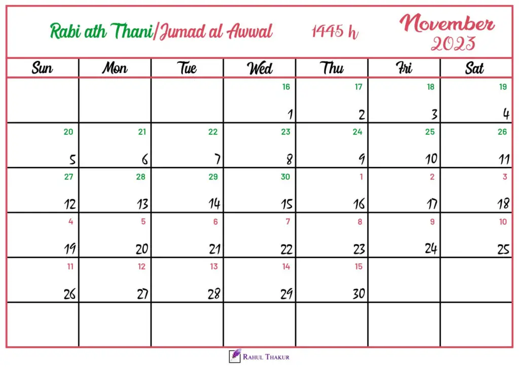 Islamic Hijri Calendar for November 2023