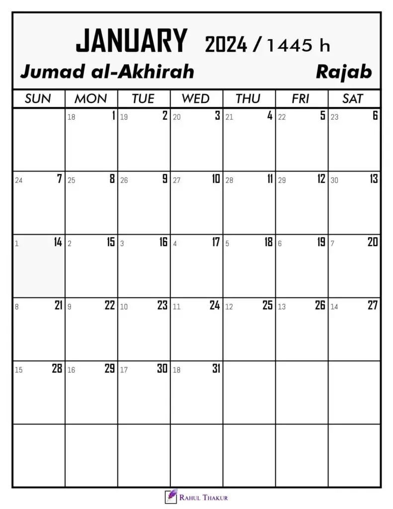 January 2024 Calendar with Hijri Dates Thakur Writes