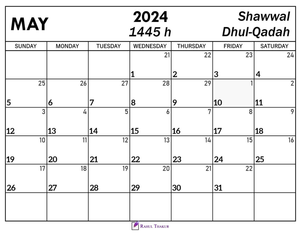 May 2024 Calendar with Hijri Dates Thakur Writes