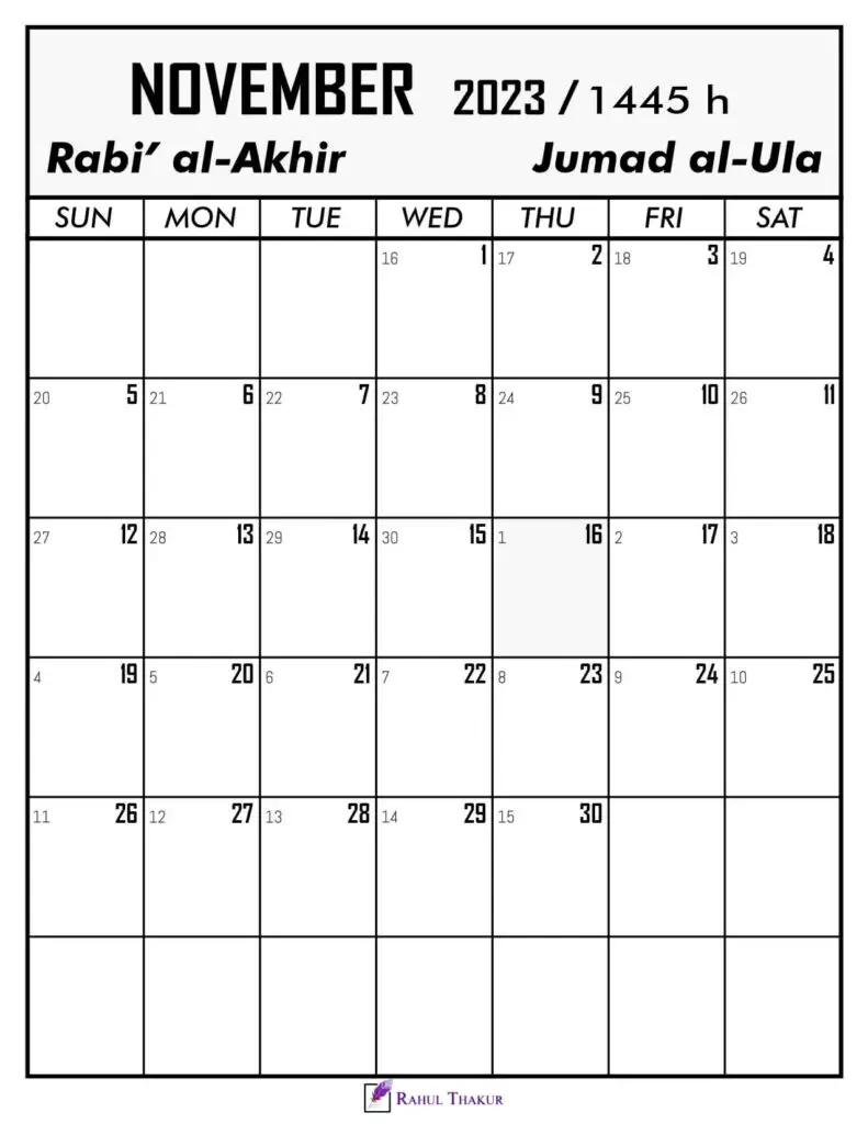 November 2023 Calendar With Hijri Dates