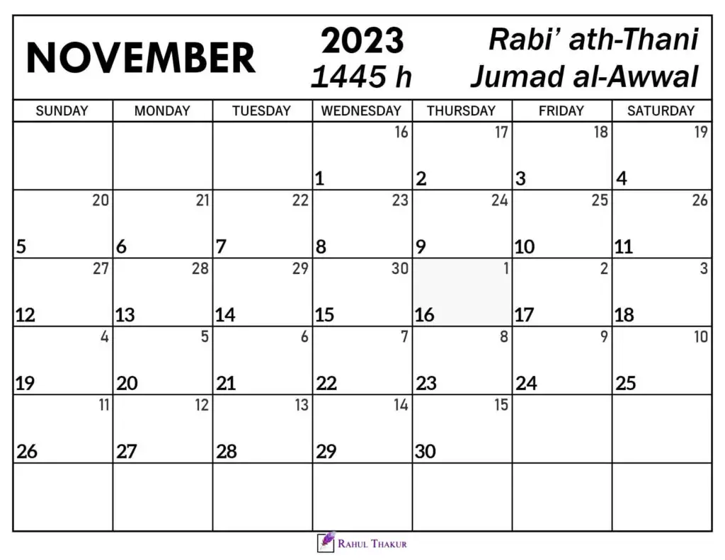 November 2023 Islamic Calendar