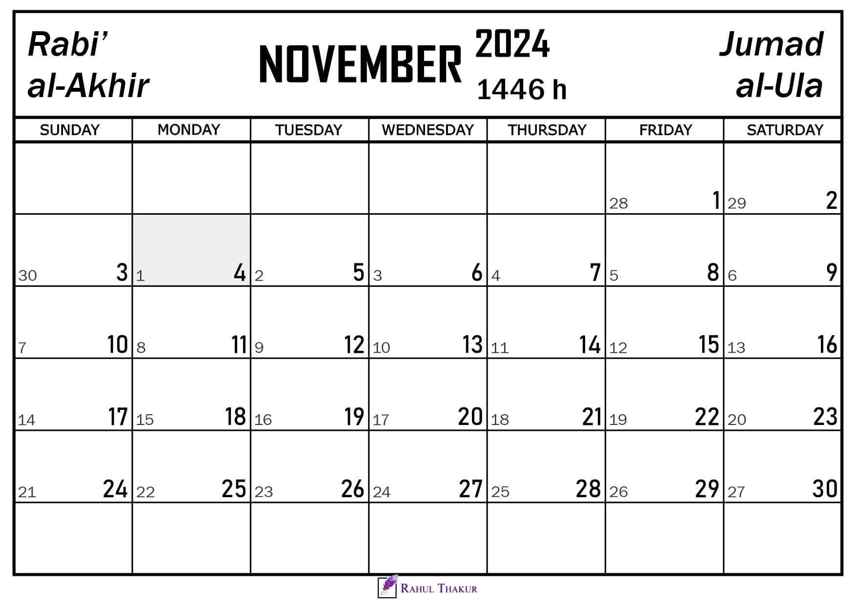 November 2024 Calendar with Hijri Dates Thakur Writes