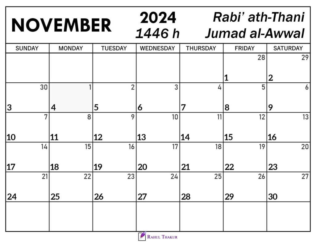 November 2024 Calendar with Hijri Dates Thakur Writes