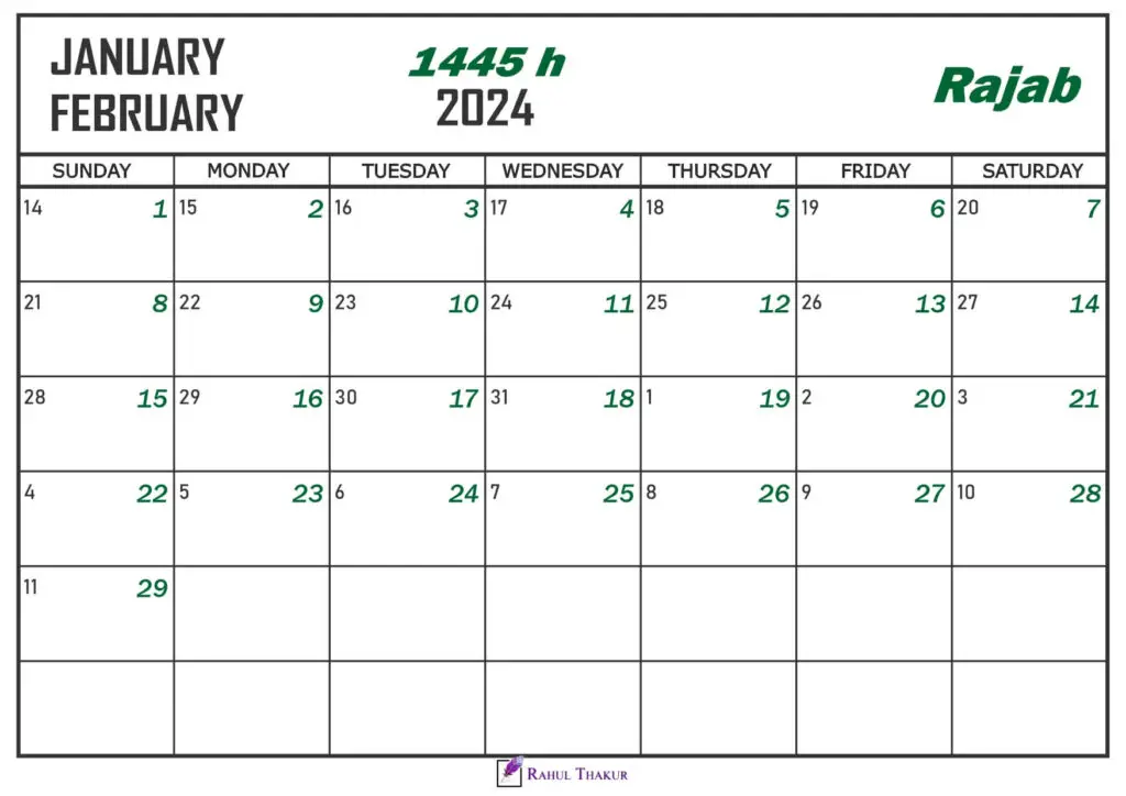 Rajab 1445 Calendar (January – February 2024) - Thakur Writes