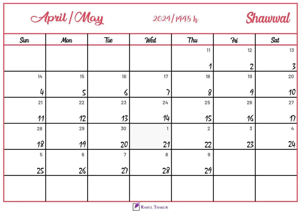 Shawwal 1445 Hijri Calendar