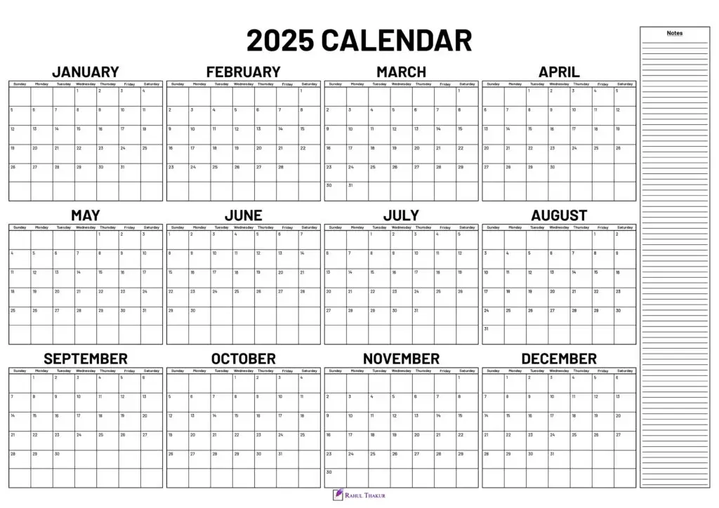 2025 Yearly Calendar With Notes