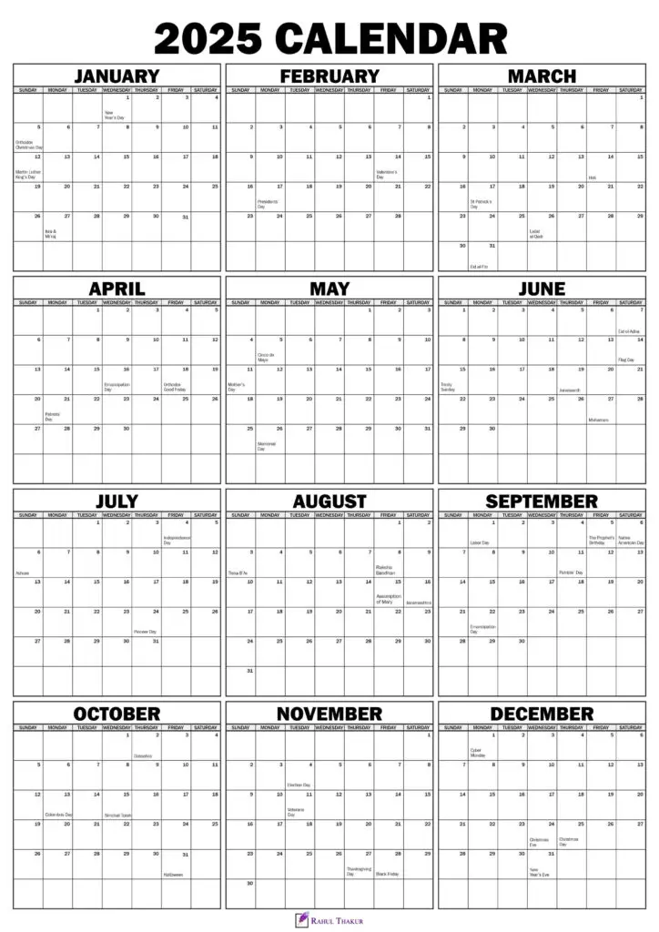 2025 Yearly Calendar with Holidays