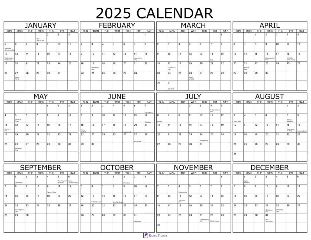 2025 Yearly Holiday Calendar