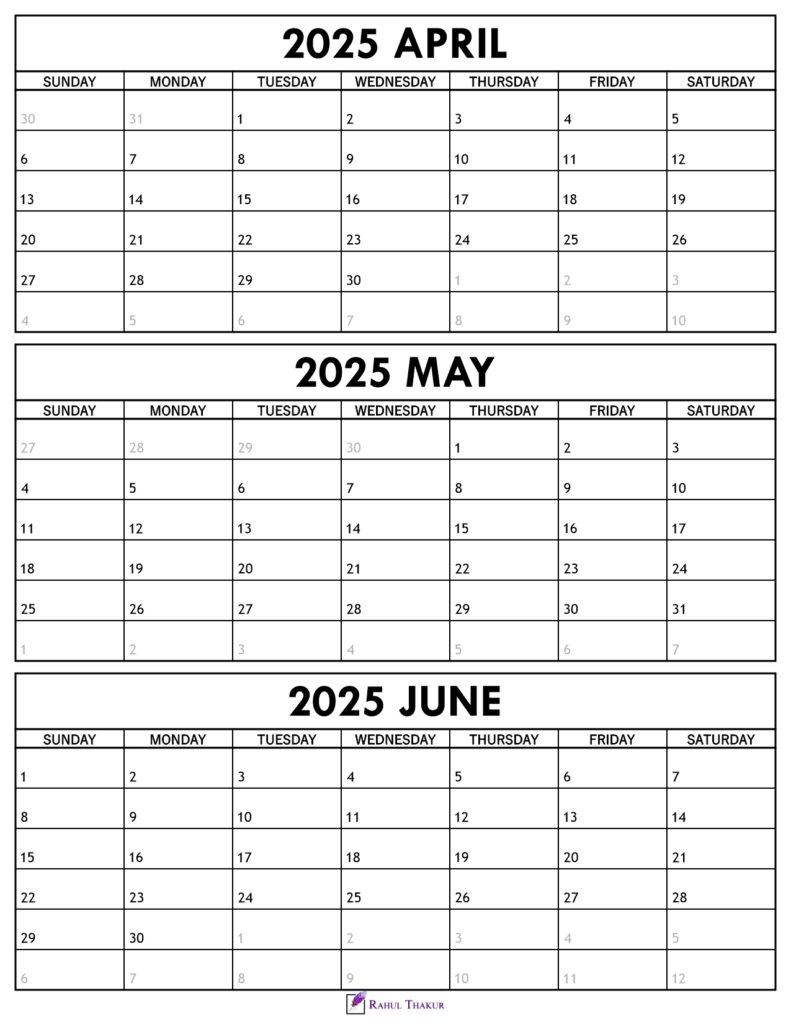 April to June 2025 Calendar