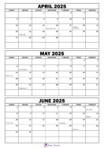 April to June 2025 Calendar with Holidays