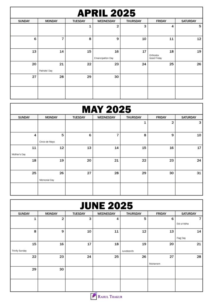 April to June 2025 Calendar with Holidays