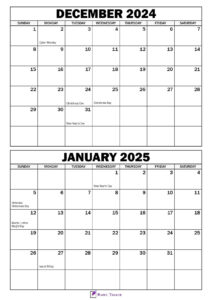 December 2024 January Calendar 2025 with Holidays