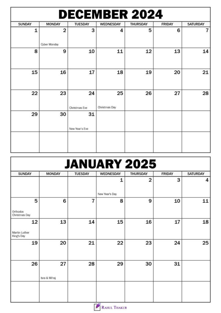 December 2024 January Calendar 2025 with Holidays