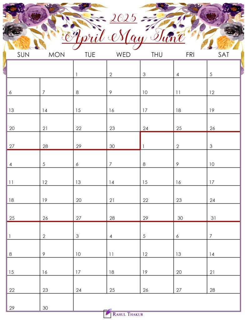 Floral April to June 2025 Calendar