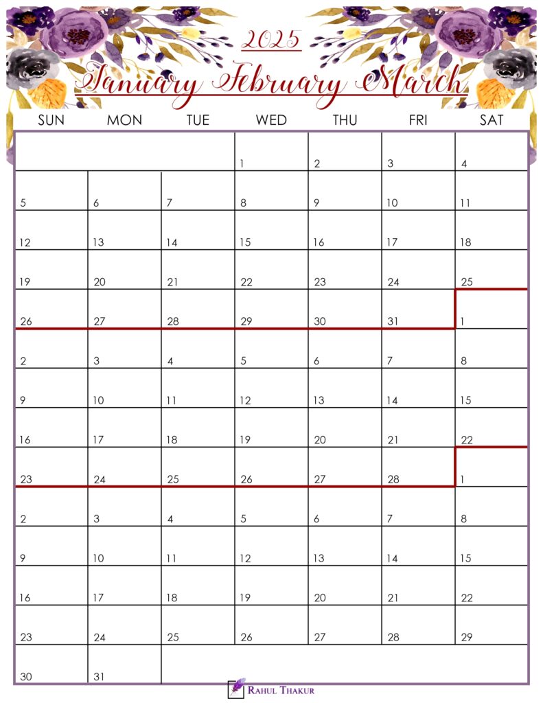 Floral January to March 2025 Calendar