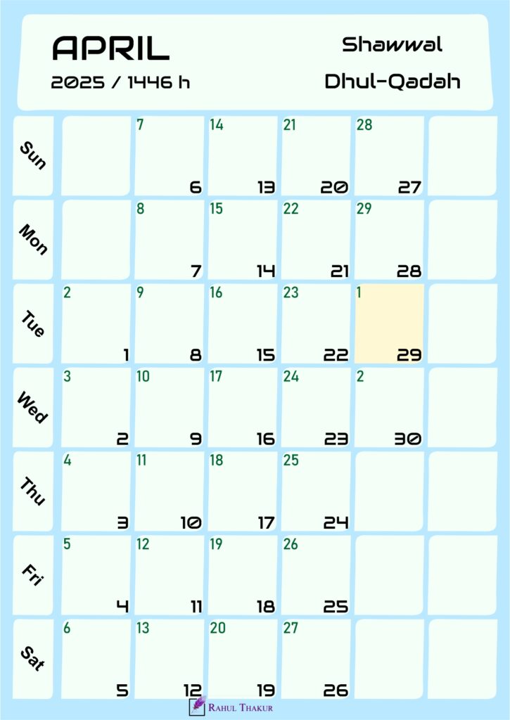 Hijri Calendar for April 2025