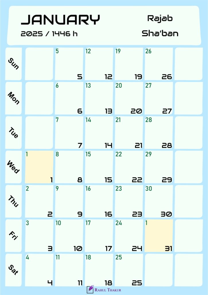 Hijri Calendar for January 2025