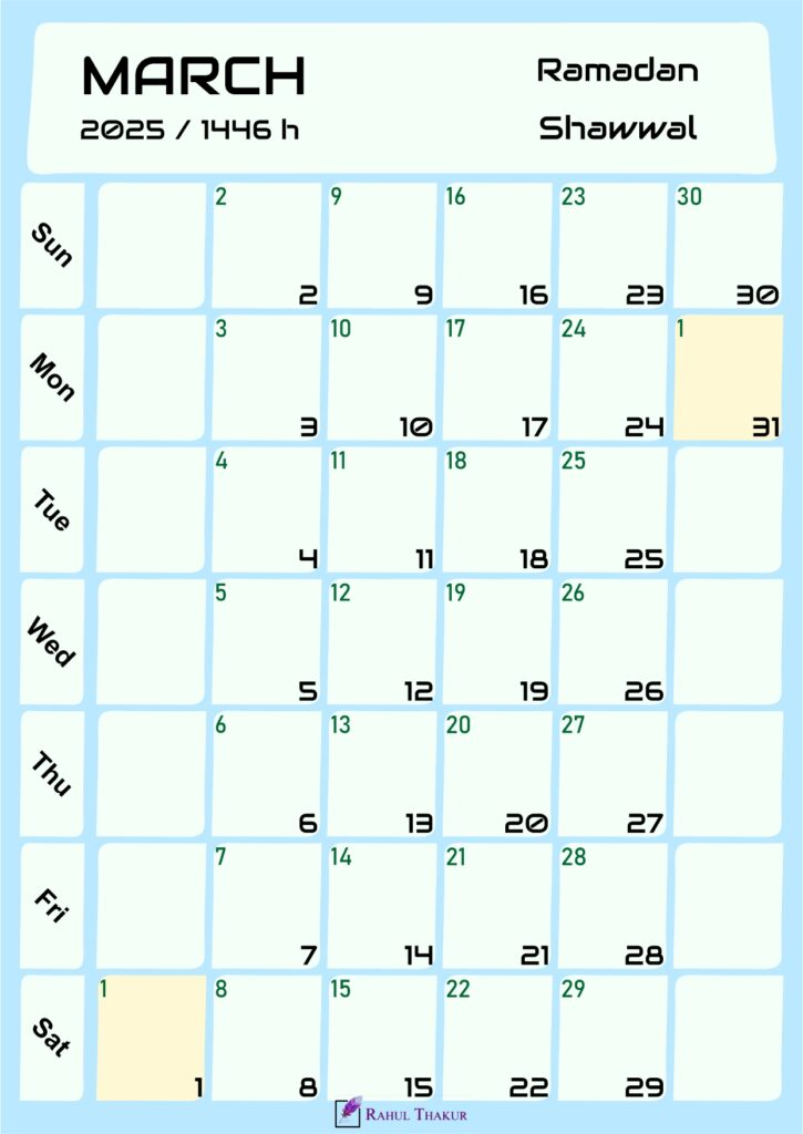 Hijri Calendar for March 2025