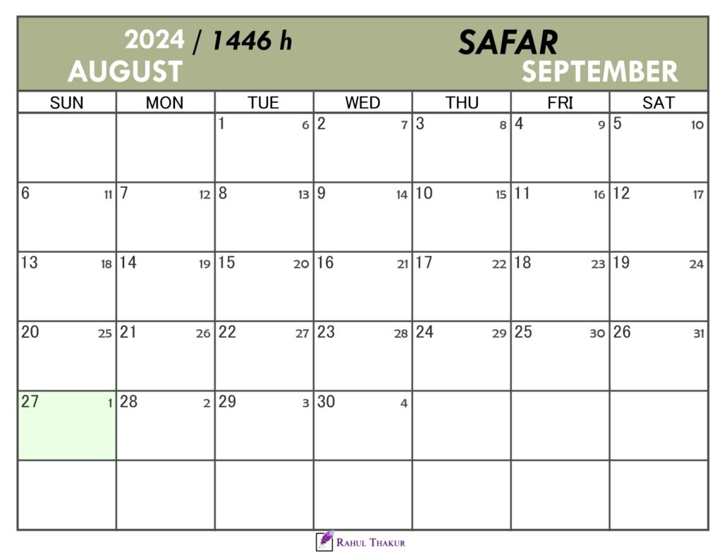 Hijri Calendar for Safar 1446