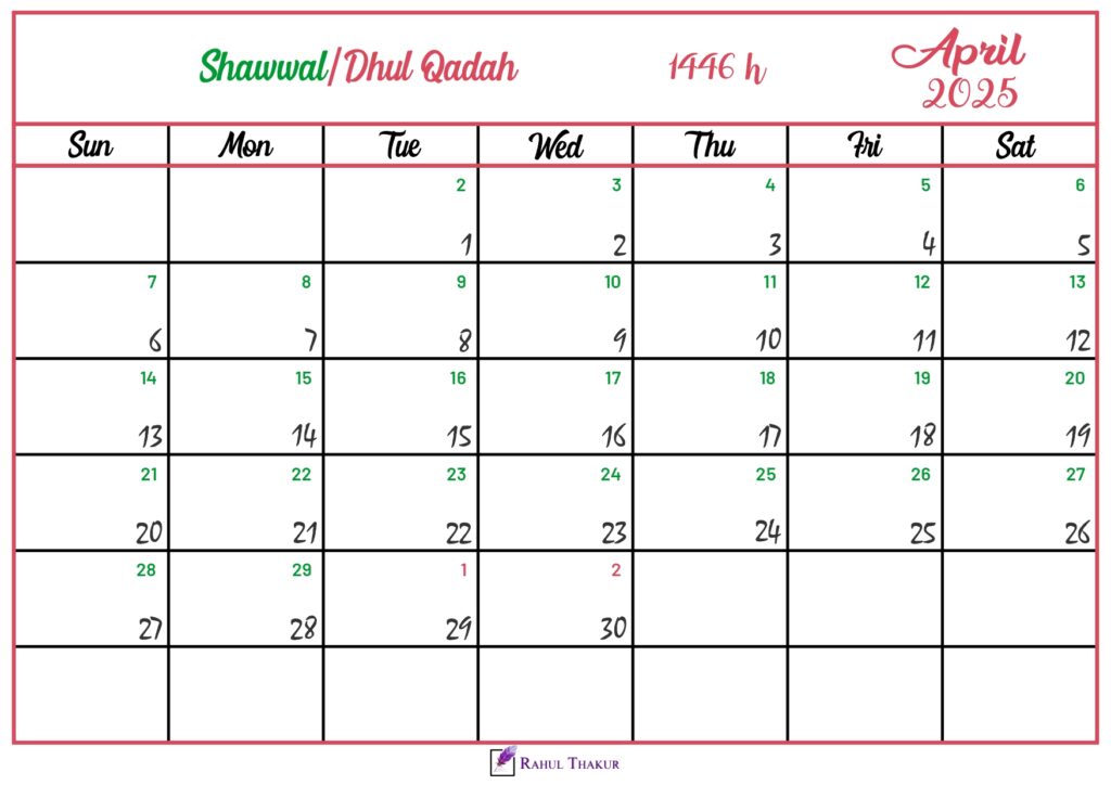 Islamic Hijri Calendar for April 2025