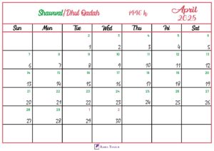 Islamic Hijri Calendar for April 2025