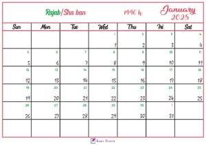 Islamic Hijri Calendar for January 2025