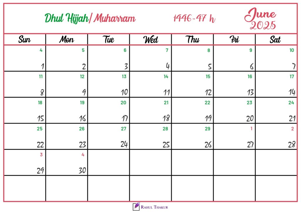 Islamic Hijri Calendar for June 2025