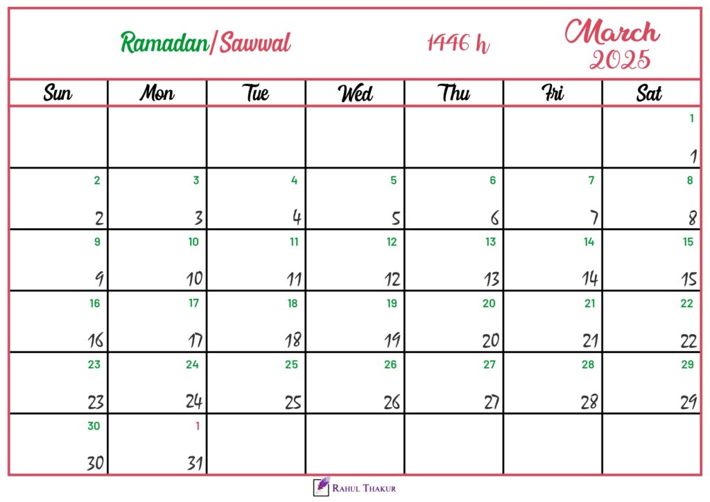 Islamic Hijri Calendar for March 2025