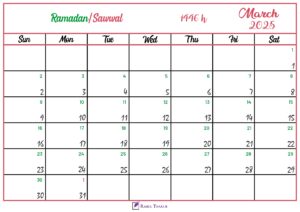 Islamic Hijri Calendar for March 2025