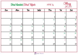 Islamic Hijri Calendar for May 2025