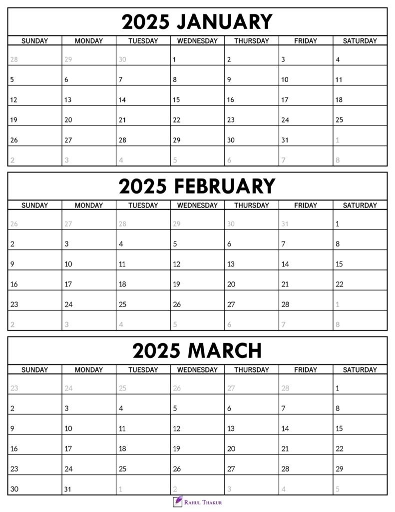 January to March 2025 Calendar