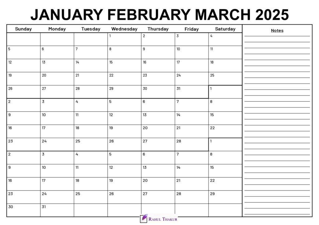 January to March 2025 Calendar With Notes