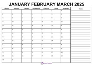 January to March 2025 Calendar With Notes