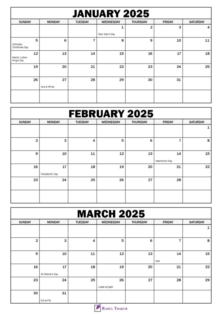 January to March 2025 Calendar with Holidays