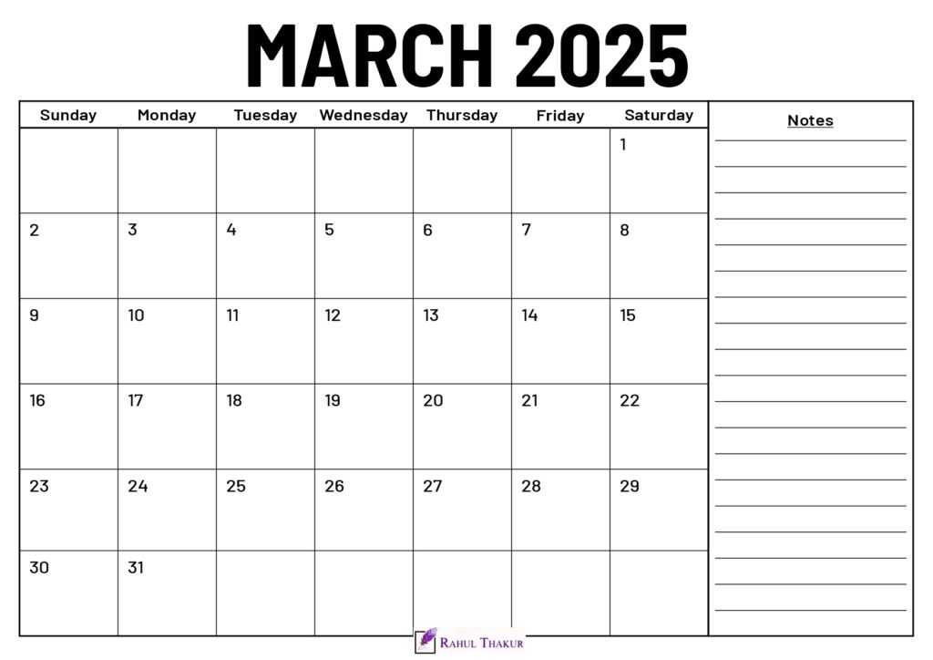 March 2025 Calendar With Notes