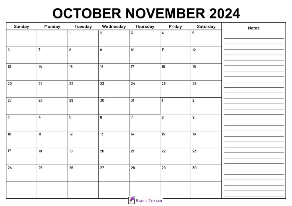 October November 2024 Calendar With Notes