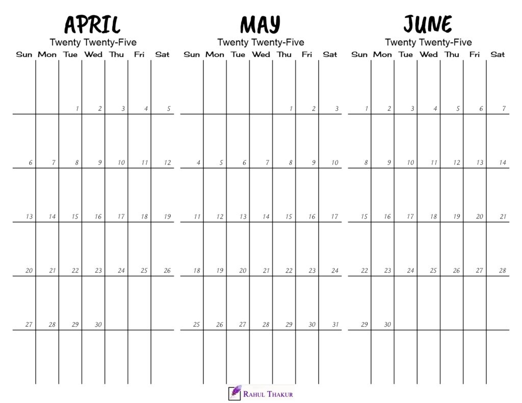 Printable April to June 2025 Calendar